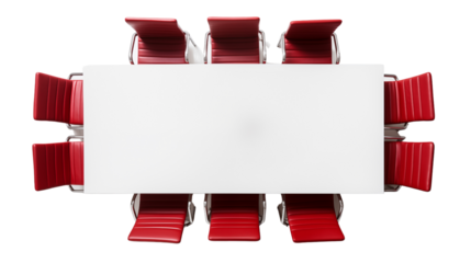 High-angle view of a contemporary conference room, empty yet professionally designed with a sleek boardroom table, perfect for corporate meetings and polished presentations.