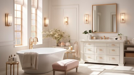 Fototapeta na wymiar Bask in the sophisticated ambiance created by elegant bathroom lighting. A beautiful luxury bathroom scene complemented by lots of gold and white. Generative AI
