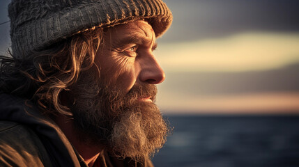 Rugged Fisherman at Dawn: Photorealistic profile portrait of a weathered fisherman, mid-50s, with a thick beard and deep wrinkles, wearing a woolen hat, gazing out to sea at dawn - obrazy, fototapety, plakaty