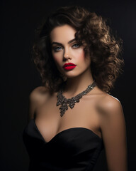 Sophisticated glamour portrait, high-fashion model, glossy red lips, smoky eye makeup, cascading curls, diamond choker, off-shoulder black velvet gown
