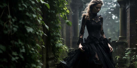Victorian Lady in a Gothic Garden: An ethereal full-length portrait of a Victorian lady in a black lace gown, standing amidst a dark, gothic garden with overgrown ivy and moody, misty ambiance