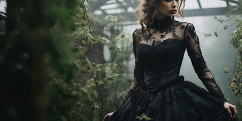 Victorian Lady in a Gothic Garden: An ethereal full-length portrait of a Victorian lady in a black lace gown, standing amidst a dark, gothic garden with overgrown ivy and moody, misty ambiance - obrazy, fototapety, plakaty