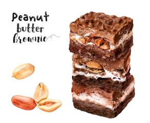 Watercolor illustration of peanut butter brownie dessert close up. Design template for packaging, menu, postcards.  PNG