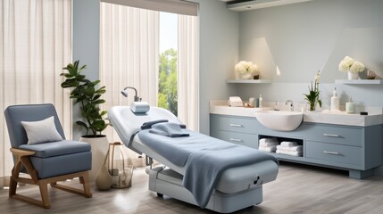 Fototapeta premium Refresh and renew with a professional spa treatment setup with elegant massage table. Generative AI