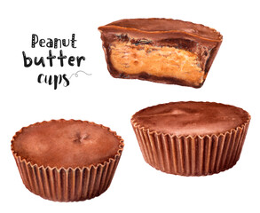 Watercolor illustration of peanut butter cups dessert close up. Design template for packaging, menu, postcards.  PNG