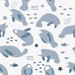 Manatee. Ocean animals seamless pattern. Cute scandi background for fabric, wrapping, textile, wallpaper, apparel.