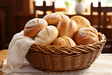 Freshly baked bread with crispy crust cut and served on basket. Generative AI