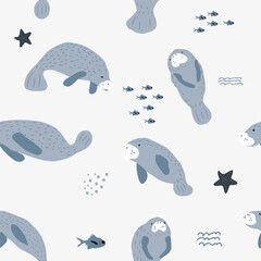 Manatee. Ocean animals seamless pattern. Cute scandi background for fabric, wrapping, textile, wallpaper, apparel.