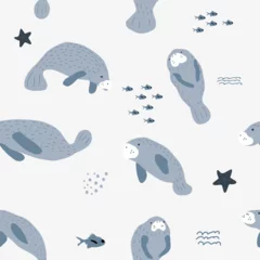 Foto op Plexiglas Manatee. Ocean animals seamless pattern. Cute scandi background for fabric, wrapping, textile, wallpaper, apparel. © Anna Eshka