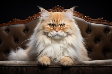 Persian cat sitting on an old sofa in front of black background