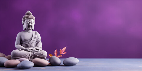 Buddha statue and rounded stones on purple background with copy space, meditation and relaxation time