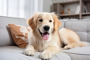 Cute dog lying on sofa at home, closeup. Friendly pet