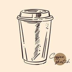 Hand drawn coffee cup. Isolated on white background. Decorative doodle vector illustration. Sketch style drink to go from cafe. For menu, design, flyers, web.