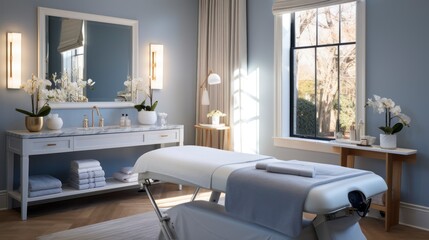 Health spa service with treatment table with massage chair, spa salon room for the treatment. Generative AI
