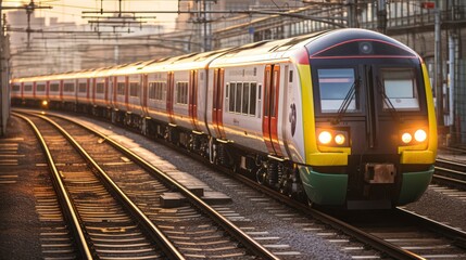 Naklejka premium On Time, In Line - The Organized Arrival of Diverse Trains at a Busy Commuter Station. Generative AI