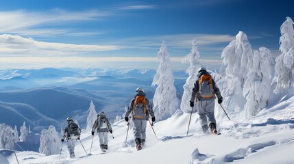 A group of climbers, in full equipment, standing on the top of a snow-capped mountain. Concept: Skiing, family vacation in snow-capped mountains, winter resort on an alpine slope, recreational ski ori