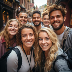 Fototapeta premium young people selfie photo having fun during summer vacations holydays, fisheye happy group