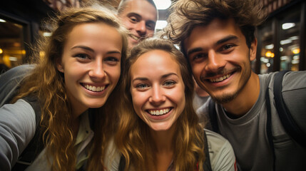 Fototapeta premium young people selfie photo having fun during summer vacations holydays, fisheye happy group