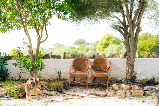 Two artisanal chairs in the middle of image in a countryside ambient among two trees