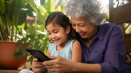 A heartwarming moment of a Hispanic grandmother learning to use technology with her grandchild