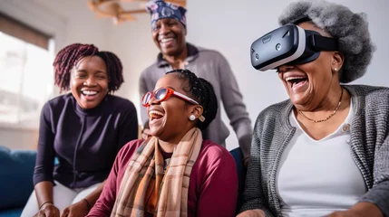 Fotobehang A senior woman tries virtual reality, her laughter shared by young family members © Chris Anson