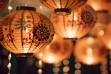 Fototapeta na wymiar Illuminated spherical lanterns featuring ornate patterns, offering a warm, festive glow for special occasions