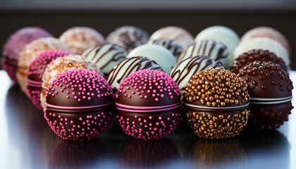 A homemade gourmet dessert chocolate truffle ball in a row generated by AI