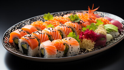 Freshness on plate sushi, sashimi, maki, nigiri, avocado, ginger generated by AI