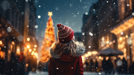 A little girl standing on a street decorated with Christmas lights with snow falling in the background