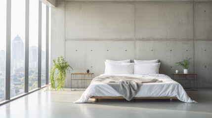 Minimalist Urban Bedroom. minimalist urban bedroom, low-profile platform bed with crisp white linens. concrete walls, large windows, monochromatic color.