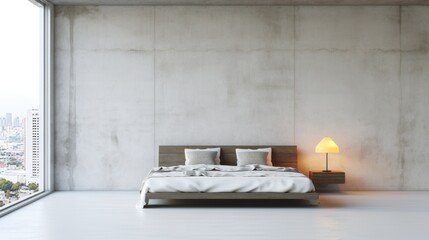 Minimalist Urban Bedroom. minimalist urban bedroom, low-profile platform bed with crisp white linens. concrete walls, large windows, monochromatic color.