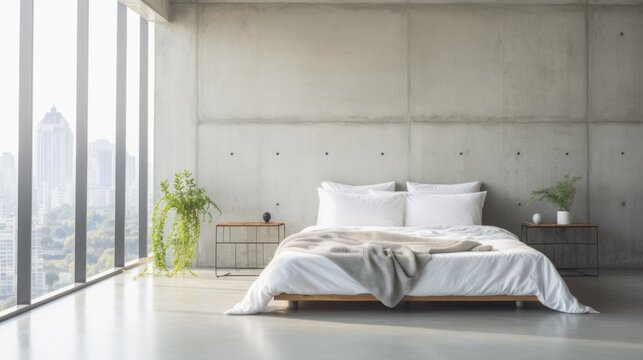 Fototapeta Minimalist Urban Bedroom. minimalist urban bedroom, low-profile platform bed with crisp white linens. concrete walls, large windows, monochromatic color.