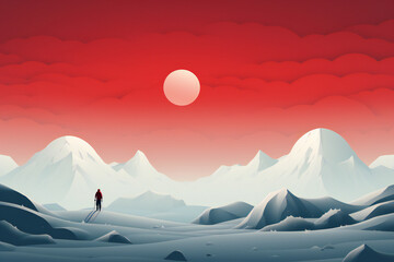 Red landscape with mountains and snow against full moon illustration, vector