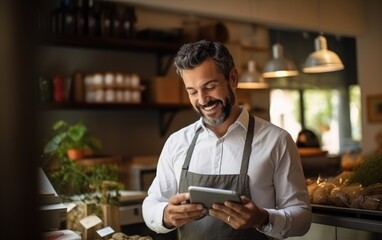 Cafe waiter reading on digital tablet, scroll through inventory list and check stock, small business.
