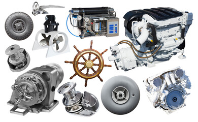 Yacht parts and supplies collage isolated at white background