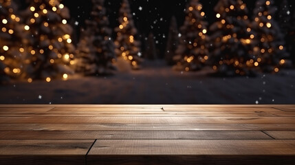 Empty wooden table in front of Christmas trees decorated with lights Generative AI