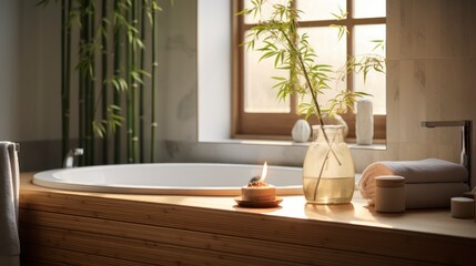 Find serenity with subtle bamboo decorations in a peaceful bathroom setting. Generative AI - obrazy, fototapety, plakaty