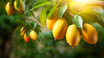 Tropical ripe yellow mango fruit hanging on tree branch with sunlight on background. Generative AI - obrazy, fototapety, plakaty