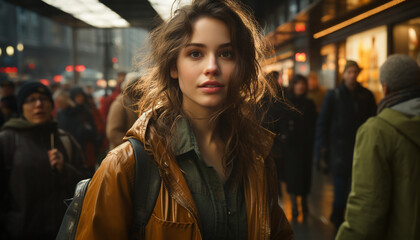 Fototapeta premium Young adults walking in the city, enjoying the winter night generated by AI