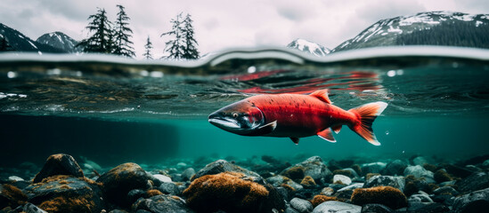 Wild sockeye salmon (Oncorhynchus nerka) swimming in a high mountain river