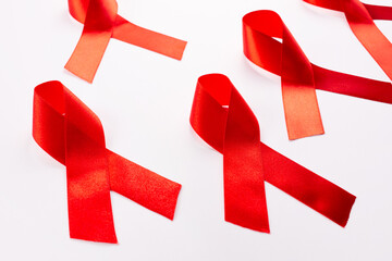 Red ribbons HIV, AIDS on white background, Awareness,Top view