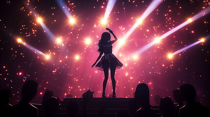 Cartoon image of female idol singer on stage - obrazy, fototapety, plakaty