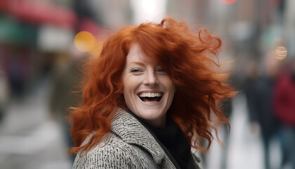 Smiling young women walking outdoors, enjoying autumn warm breeze generated by AI