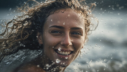 Smiling young woman enjoys playful water splashing in nature outdoors generated by AI