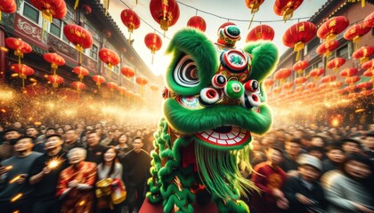 Fototapeta premium Chinese dancing vivid green lion or Green Dragon in the foreground during a Chinese New Year celebration
