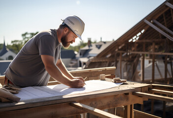 An architect scrutinizes building plans on a roof - obrazy, fototapety, plakaty