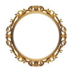 Vintage circle royal gold frame from the Middle Ages with Western floral patterns. A Victorian-era royal frame with decorative scrolls on a transparent background.
