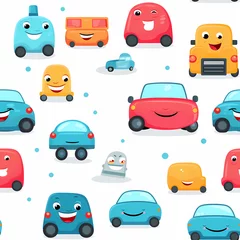 Möbelaufkleber Autorennen template samples with cute cartoon giraffe,zebra,cars, penguins with cap and scarf for snowman. smiling cars, buses isolated, tile for pajamas generative ai