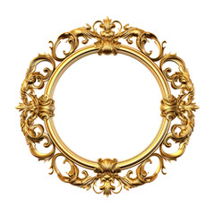 Vintage circle shaped royal gold frame borde from the Middle Ages with floral patterns from the Western style. A Victorian royal frame with decorative scrolls on a transparent background