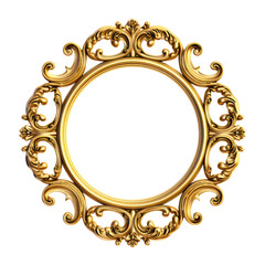 Vintage circle-shaped royal gold frame border from the Middle Ages with floral patterns from the Western style. A Victorian royal frame with decorative scrolls on a transparent background